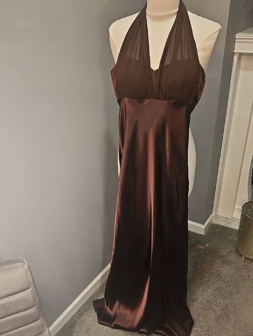 David's Bridal Chocolate Brown Satin Halter Maxi Dress